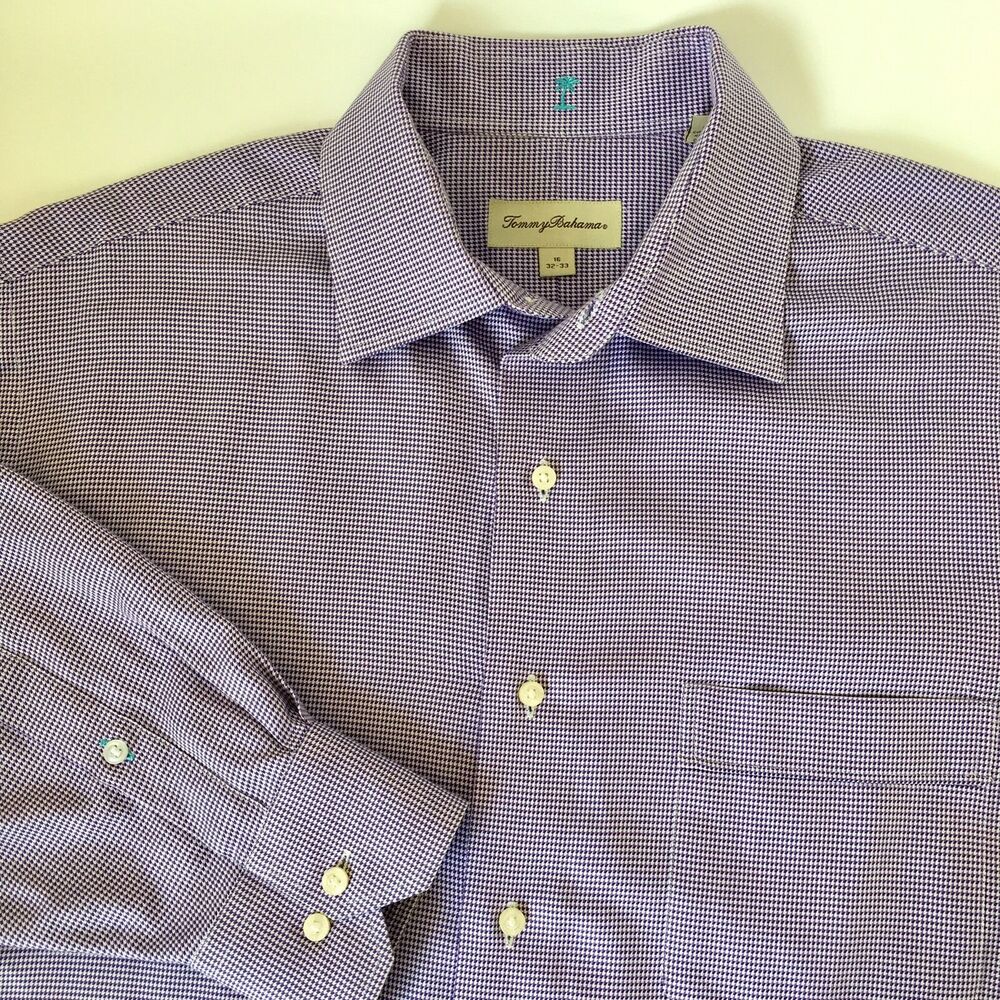 Tommy Bahama Houndstoothe Plaid Purple/White Long Sleeved Dress Shirt ~ 16 32-33